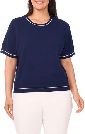CeCe by Cynthia Steffe Tipped Short Sleeve Cotton Sweater in Classic Navy at Nordstrom, Size 2X