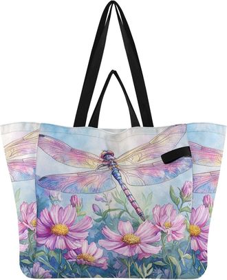 Generic Dragonfly Pink Flower pattern Reusable Canvas Tote Bag, Heavy Duty Grocery Shopping Bag with Hard Bottom Double Handles Large Capacity Work Groceries 