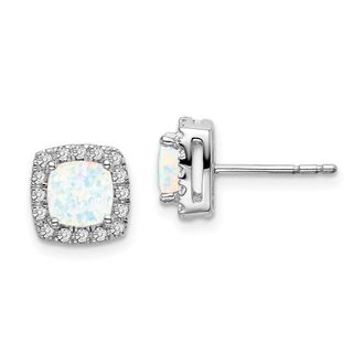 Diamond2Deal 14k White Gold Cushion Created Opal and Diamond Halo Stud Earrings