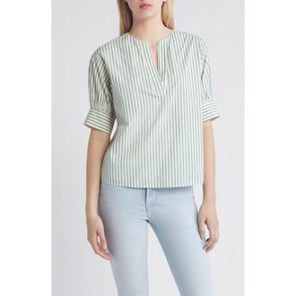 Frame Denim Stripe Cotton Popover Top in Green Gem Multi at Nordstrom Rack, Size Large