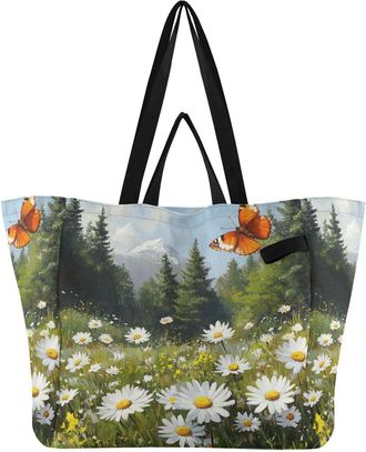 Generic Butterfly Tree Flower White pattern Reusable Canvas Tote Bag, Heavy Duty Grocery Shopping Bag with Hard Bottom Large Capacity Double Handles Work Groc