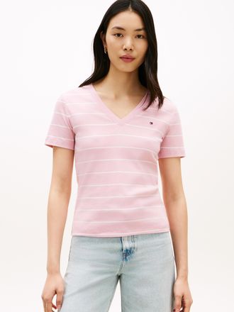 Tommy Hilfiger T-Shirt TOMMY HILFIGER CODY, Slim Fit, Damen, Gr. L (42/44), fine stp bon. pink, ecru, Jersey, Obermaterial: 100% Baumwolle, gestreift, schmal normal,