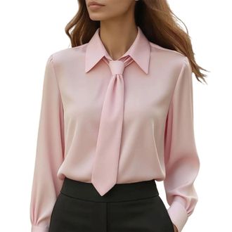 Generic Womens Elegant Satin Shirt Top Tie Neck Blouse Long Sleeve Collared Office Tops with Puff Sleeves Glossy Adjustable Necktie Shirt for Formal Work wear