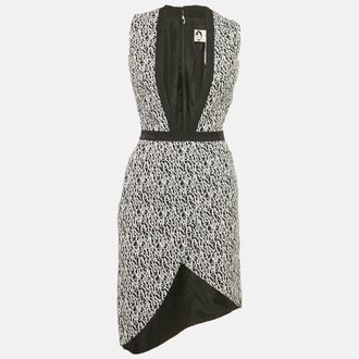 Lanvin Black/ White Logo Print Crepe Plunge Neck Dress