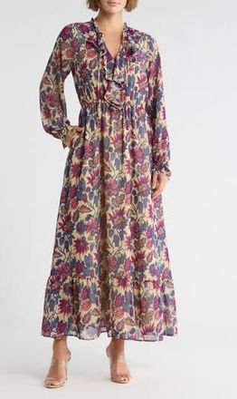 Melrose and Market Long Sleeve Chiffon Maxi Dress in Tan- Green Floral Streak at Nordstrom Rack, Size Xx-Large