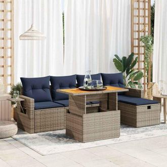 vidaXL Set Sof&aacute;s Jard&iacute;n Y Cojines 6 Pzas Rat&aacute;n Sint&eacute;tico Acacia Gris Vidaxl