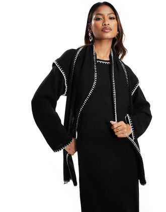 KAIIA exclusive contrast stitch scarf detail maxi sweater dress in black