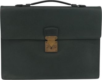 Louis Vuitton Serviette Kourad Briefcase Taiga Leather Green Leather Handbag (Pre-Owned)