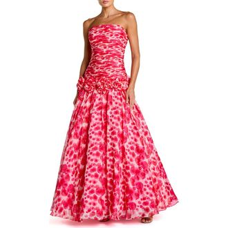 Mac Duggal Printed Chiffon Strapless Drop Waist Ballgown in Grapefruit Multi at Nordstrom, Size 10