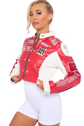 Femme Luxe Womens PU Leather Racer Patch Details cropped Jacket - Red - Size 14 UK