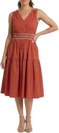 London Times Embroidered Smocked Sleeveless Stretch Cotton Fit & Flare Dress in Tandoori Spice at Nordstrom Rack, Size X-Large