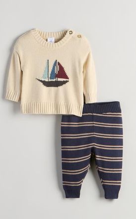 Nordstrom Icon Jacquard Sweater & Joggers Set in Beige Swan Ship- Navy Brown at Nordstrom, Size 12M