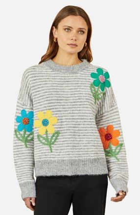 Yumi Striped Floral Applique Sweater in Grey at Nordstrom, Size Medium