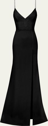 Alex Perry V-Neck Sleeveless Lace-Trim Satin Crepe Trumpet Gown