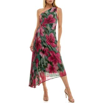 Socialite Floral Metallic Stripe One-Shoulder Pleated Dress in Olive/Magenta at Nordstrom Rack, Size Large