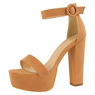 Generic Womens Chunky Heel Platform Sandals with Buckle Strap Open Toe Waterproof Platform 13.5cm Heel Perfect for Summer Parties and Night Out,Camel,6.5 UK