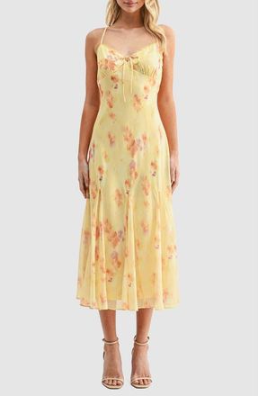 Lush Floral V-Neck Tie Midi Dress in Yellow Floral at Nordstrom Rack, Size X-Large