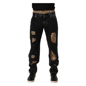 Dolce & Gabbana Straight Jeans, male, Black, Size: XS Logo Distressed Straight Jeans