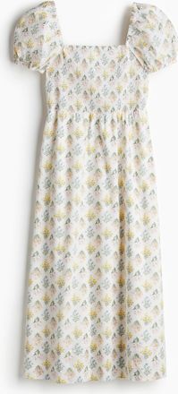 H&M Baumwollkleid mit Puff&auml;rmeln - Cremefarben/Gebl&uuml;mt