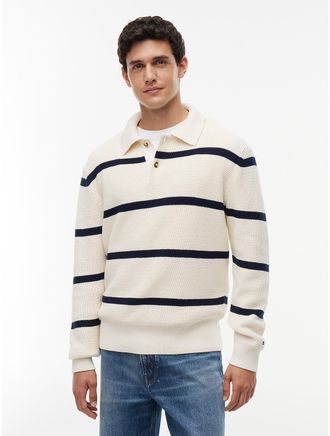 Tommy Hilfiger Mens Waffle-Knit Sweater Polo - Ivory Petal - L