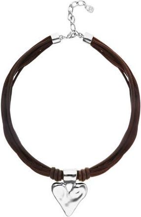 UNOde50 Silk Thread Blend Necklace with Leather and Heart Detail in Sterling Silver in Silver/brown at Nordstrom