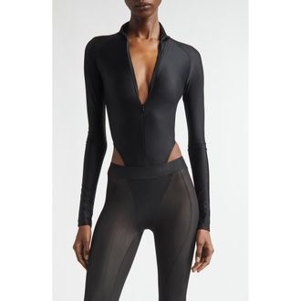 LaQuan Smith High Cut Zip-Up Bodysuit in Black at Nordstrom, Size X-Large