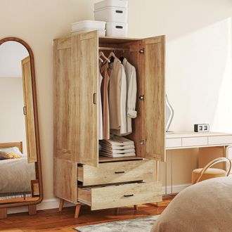 HOMCOM 2 Door Wardrobe Modern Wardrobe 2 Drawer Hanging Rail for Bedroom in Light Brown