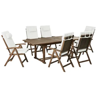 Beliani Conjunto De Comedor Exterior De Madera Acacia R&uacute;stico 6 Plazas Mesa Extensible Sillas Reclinables Con Cojines Blanco Crema Amantea Premium