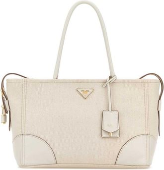 Prada Tan/Chalk White Logo Large Tote