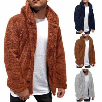 Generic Mens Thermal Winter Coat Mens Fluffy Teddy Fleece Fuzzy Soft Jacket Sherpa Hooded Jumper Plush Warm Outwear Long Sleeve Outdoor Cardigan For Warmth Bu
