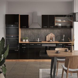 Vicco Cucina componibile R-Line, Rovere nero/oro lucido, 300 cm con armadio alto, senza piano di lavoro