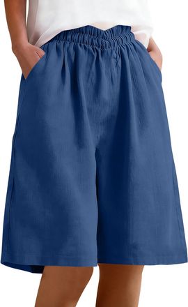 Generic Womens Shorts Cotton Linen Shorts Summer Casual Capri Pants Elastic Waist Cropped Trousers Knee Length Bermuda Pocket Wide Leg Cargo Ladies Culottes S
