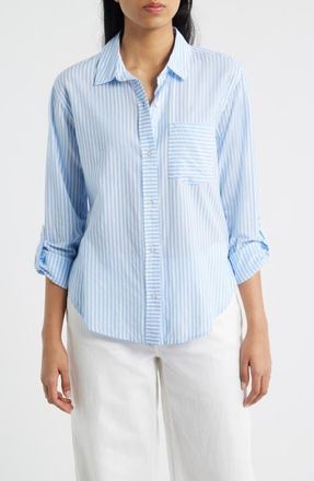 Beach Lunch Lounge Campbell Directional Stripe Long Sleeve Cotton Blend Button-Up Shirt in Blue Wave at Nordstrom, Size Medium
