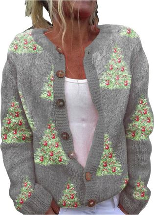 Generic Womens Christmas Knitted Sweater Thick Long Sleeve Button Cardigan Coat Winter Overcoat Womens Christmas Cardigan Loose Casual Top Ladies Chunky Knit 
