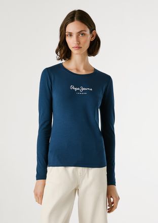 Pepe Jeans London Langarmshirt PEPE JEANS NEW VIRGINA L/S, Damen, Gr. S (36), blau (navy 595), Single Jersey, Obermaterial: 95% Baumwolle, 5% Elasthan, bedruckt, figurb