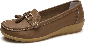 Generic Casual Womens Loafers Flat Metal Buckle Comfortable Lightweight for Womens Leather Slip-on Outdoor Driving Moccasion Boat Shoes Dark Heels Khaki