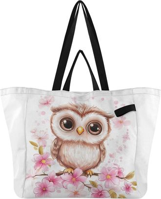 Generic Brown Owl Blossom print Reusable Canvas Tote Bag, Heavy Duty Grocery Shopping Bag with Large Capacity Hard Bottom Double Handles Work Groceries Travel