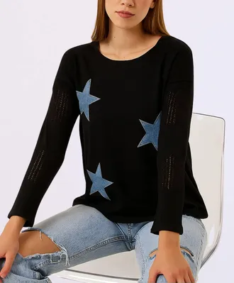 French Kyss Long Sleeve Star Top In Black/denim