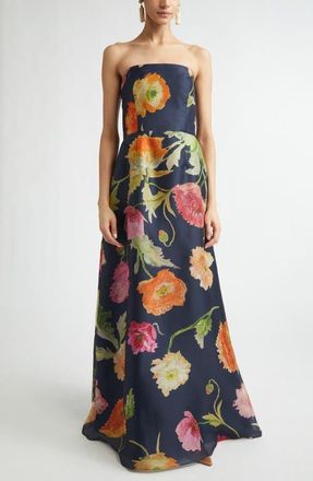 Carolina Herrera Poppy Print Strapless Silk Gown in Midnight Multi at Nordstrom, Size 8