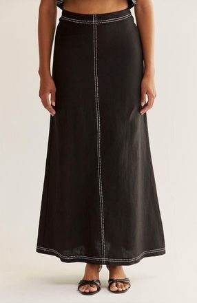 Crescent Embroidered Contrast Stitch Linen Maxi Skirt in Black at Nordstrom, Size X-Small