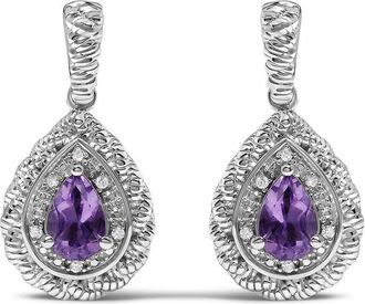 House of Brilliance Sterling Silver Pear Cut Amethyst and Diamond Accent Teardrop Drop Earrings