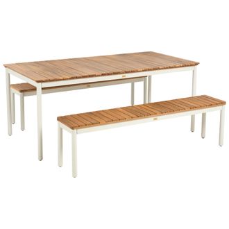 Beliani Mesa De Comedor De Jard&iacute;n Moderna Con 2 Bancos De Madera De Acacia Con Listones Y Estructura De Metal Marr&oacute;n Corricella