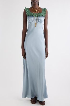 Chloé Lace Trim Silk Satin Column Dress in Ash Blue at Nordstrom, Size 14 Us