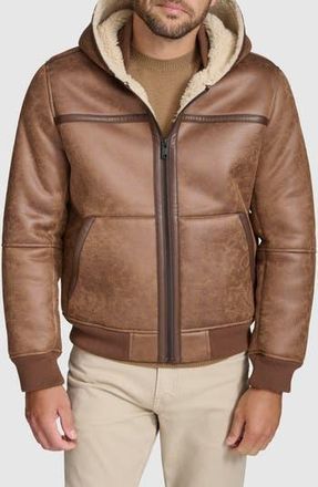 Andrew Marc Crackle Faux Shearling Lined Faux Leather Jacket in Brown at Nordstrom Rack, Size Small