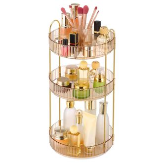 OEM 1 Organisateur De Maquillage Rotatif, Base 360&deg;, &Eacute;tag&egrave;res Acier Dor&eacute;, Plateaux Acrylique Vert, Rangement Salle De Bain
