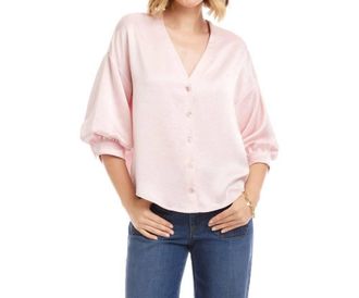 Karen Kane Lantern Sleeve Crystal Rhinestone Button Satin Top In Pink