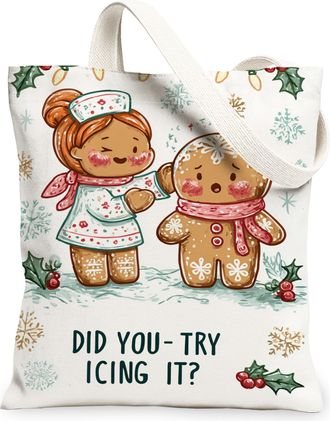 Generic Festive Gingerbread Canvas Tote Bags, Cute Holiday Print Reusable Grocery Bags, Winter Joyful Lightweight Washable Shoulder, White, 13x15 Inch