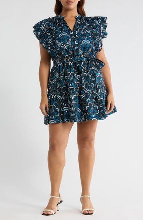 Sugarlips Etta Floral Ruffle Minidress in Teal-Multi at Nordstrom, Size 1X
