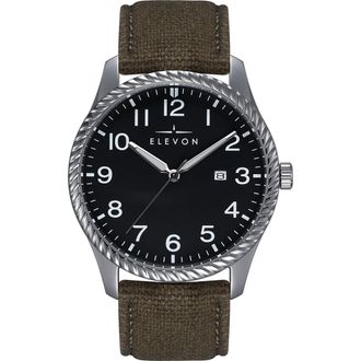 Elevon Watches Crosswind Canvas-Overlaid Leather-Band Watch w/ Date in Black/olive at Nordstrom