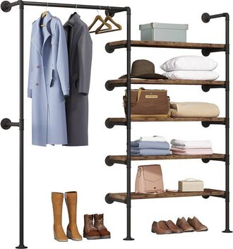 Woltu Woltu - Perchero Armario Perchero Burro Ropa Perchero Zapatero Con 6 Estante Multiusos Fuerte Metal Y Madera Perchero De Estilo Industrial Roble Claro